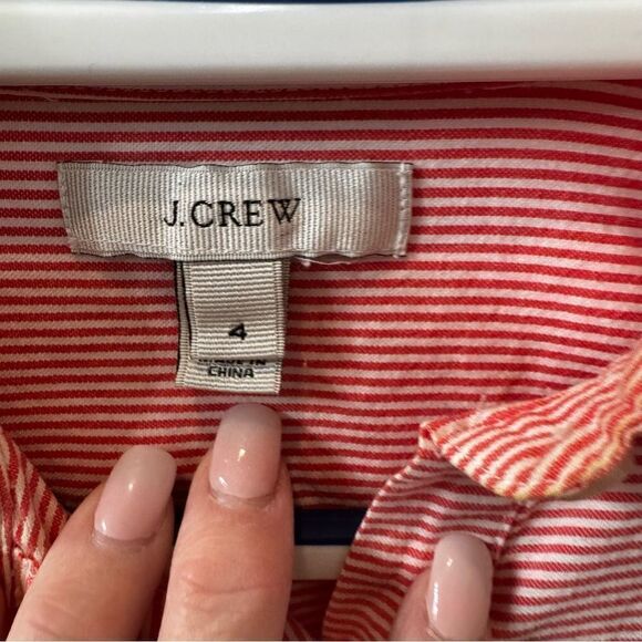 J Crew 100% cotton peach & white stripe popover blouse w an aqua stripe accent - Picture 3 of 12